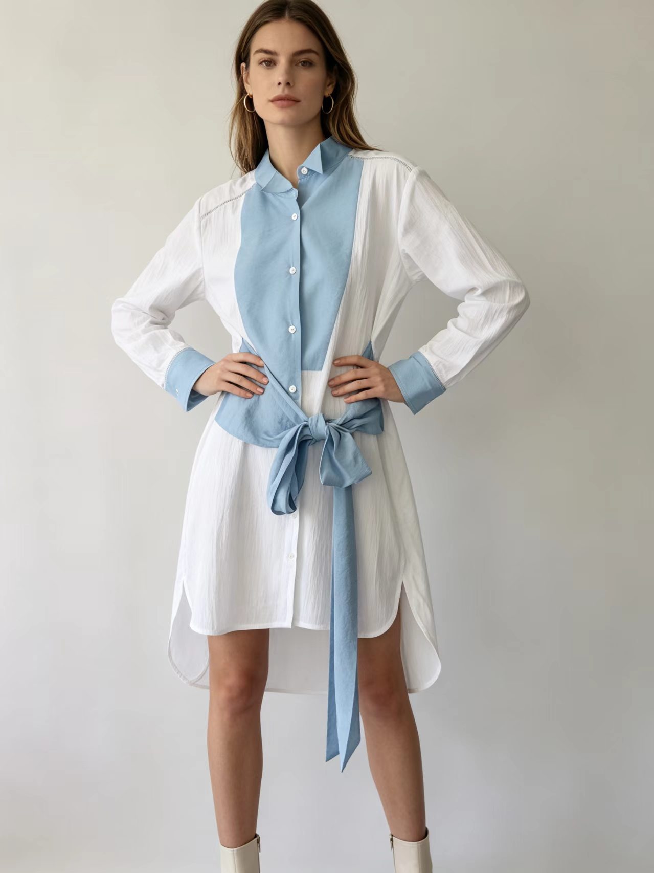 Casual Loose Linen Shirt Dress - Women Color Block Shirt Dress Long