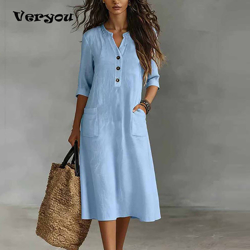 Boho Summer Beach Maxi Dress - Women Casual Solid Color Half Sleeve